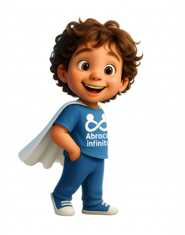 Abraço, personagem 3D do curso — menino autista de cabelo cacheado com camiseta Abraço Infinito e capa